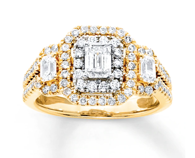 Jared Diamond 3-Stone Ring 1-1/2 ct tw Emerald/Round 14K Yellow Gold