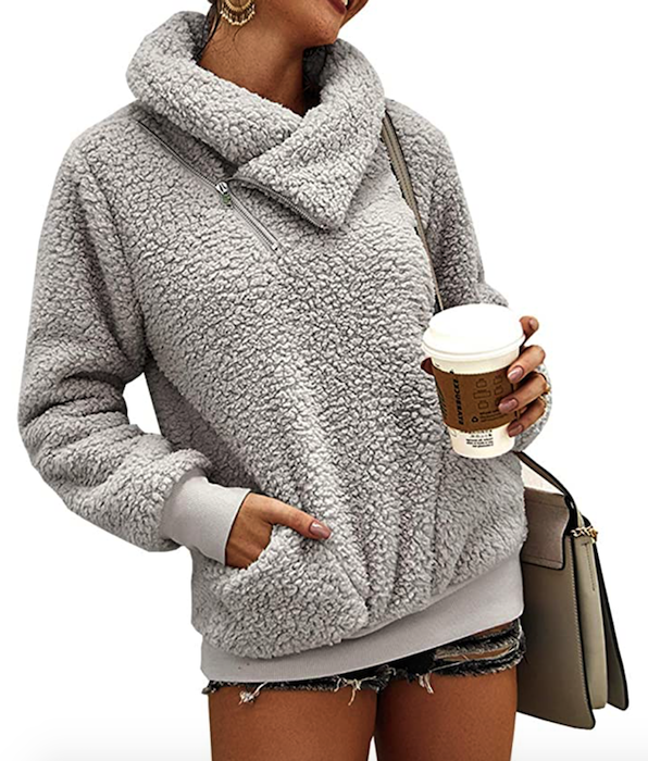 KIRUNDO 2020 Women’s Winter Lapel Sweatshirt Faux Shearling Shaggy Warm Leopard Pullover Zipped Up with Pockets Outwear