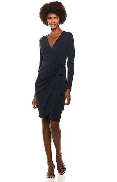 Women's Classic Long Sleeve V-Neck Compact Matte Jersey Wrap Dress