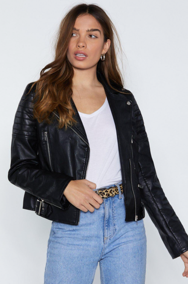 Faux Leather Moto Jacket with Asymmetric Zip Closure