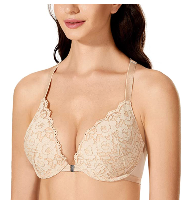  Dobreva Women’s Floral Lace Back Front Closure Padded Push Up Underwire Bra