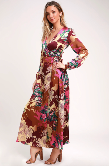 Lulus Put on a Smile Burgundy Floral Print Satin Wrap Maxi Dress