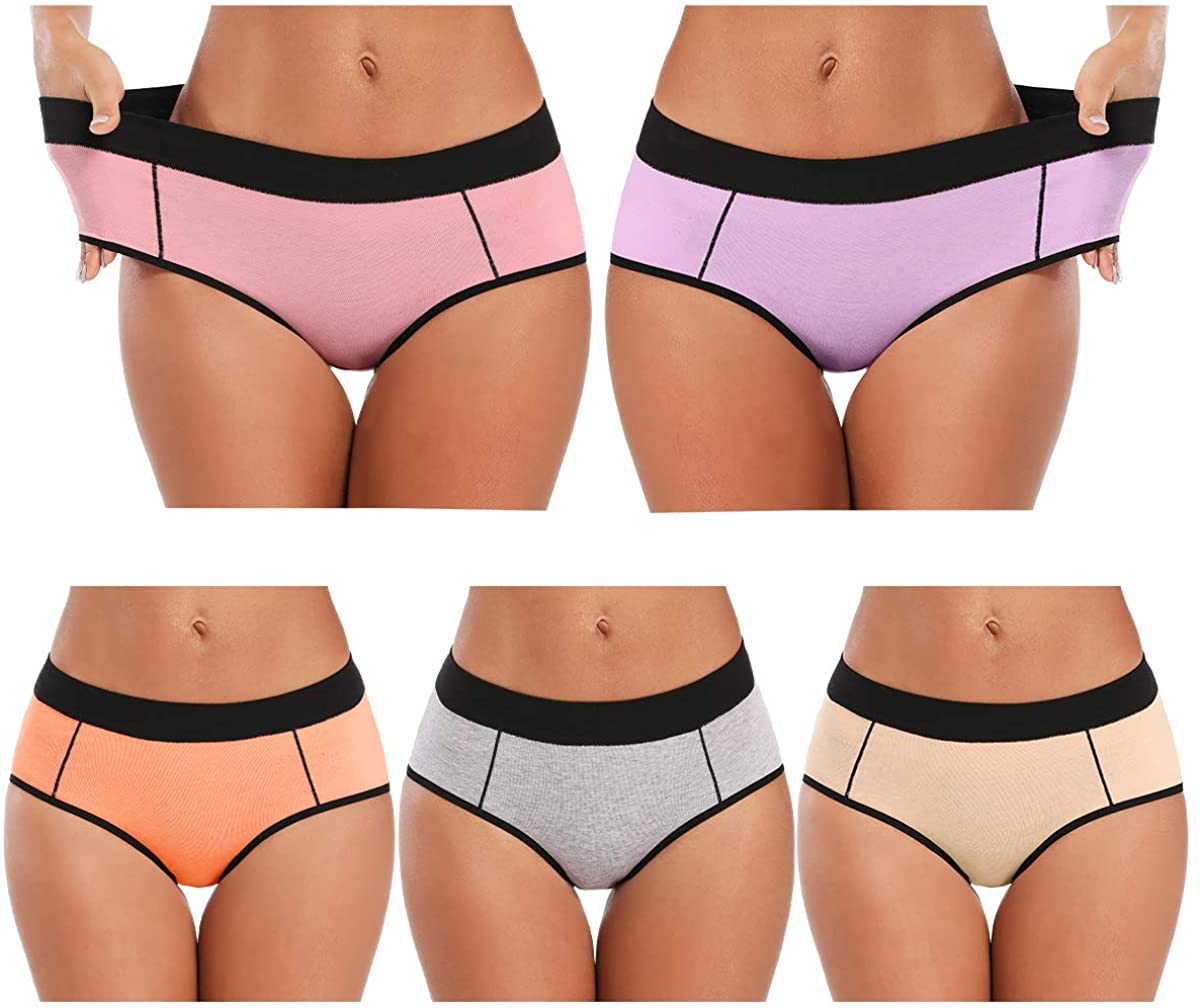 POKARLA Women's Cotton Stretch Underwear Ladies Mid-high Waisted Briefs Panties 5-Pack