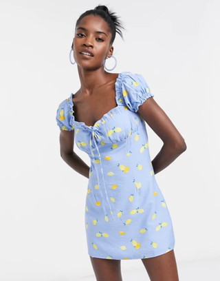 Glamorous Milk Maid Mini Dress with Ruched Bust in Lemon Print