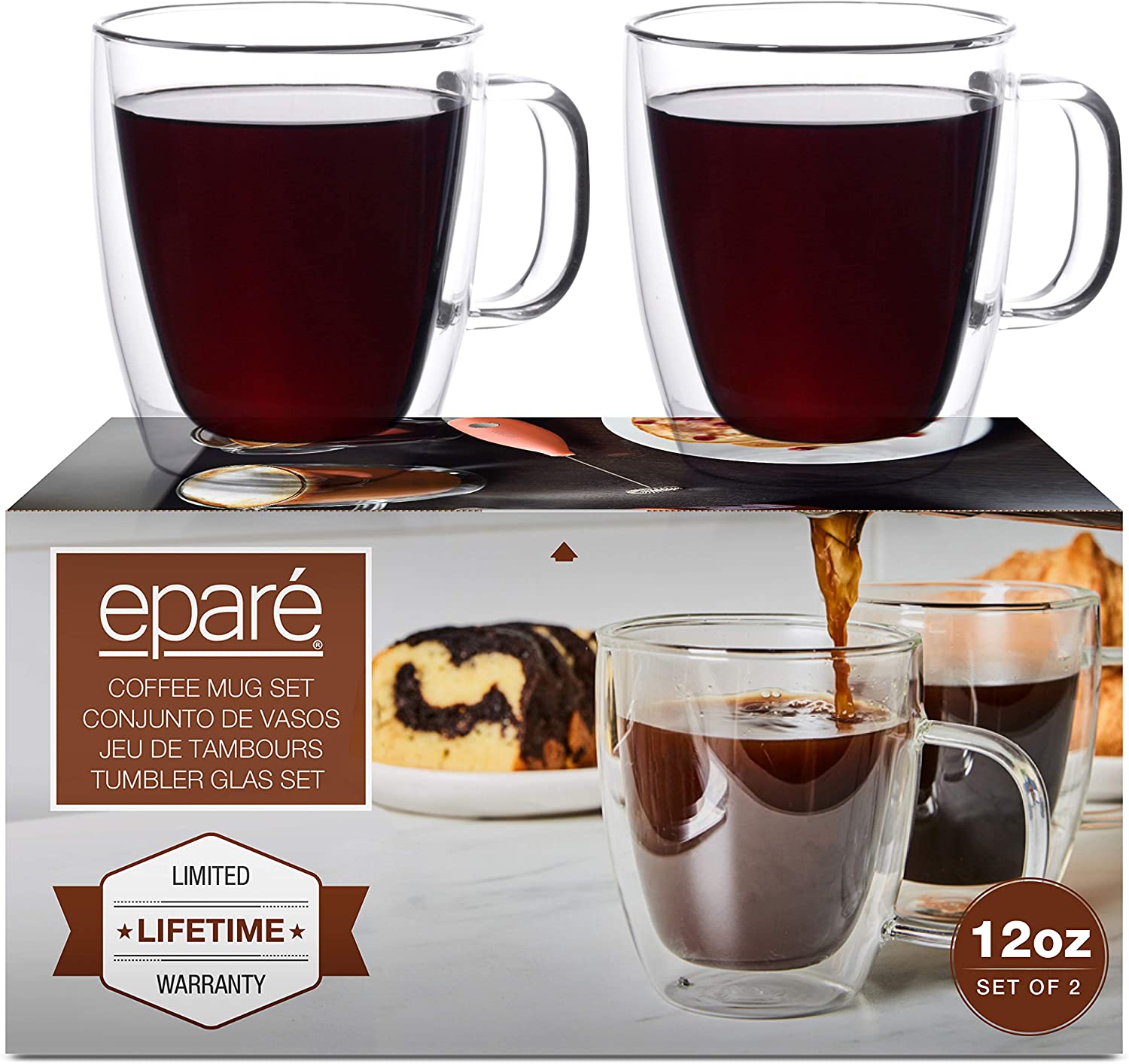 Eparé 12 oz Glass Coffee Mugs - Set of 2