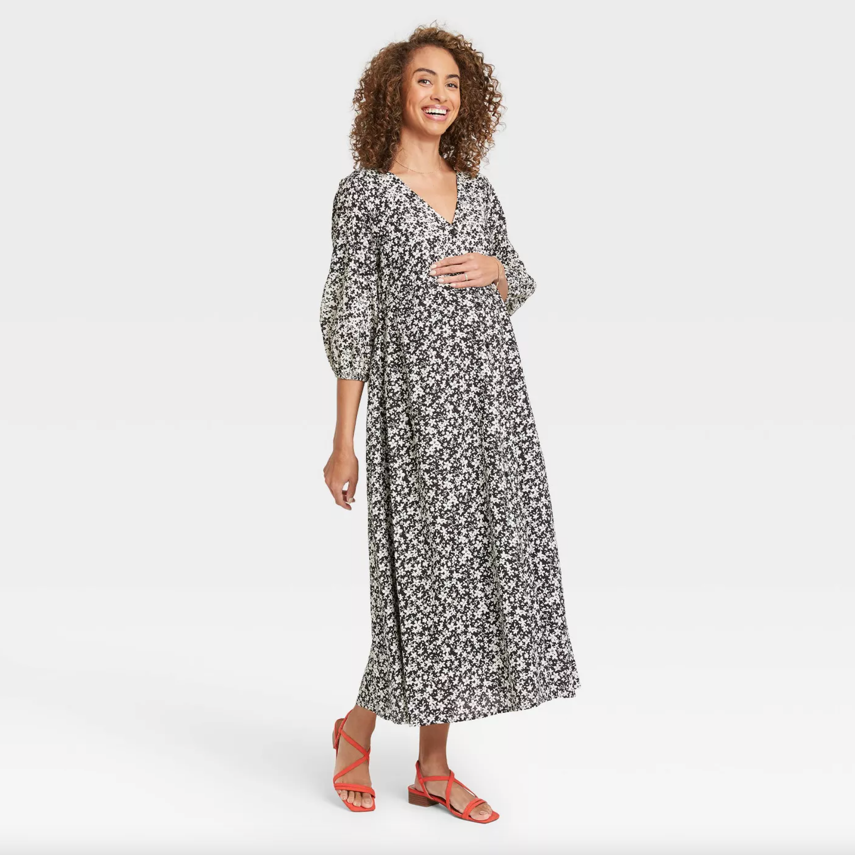 The Nines by HATCH Floral Print 3/4 Sleeve Button-Front Poplin Maternity Dress