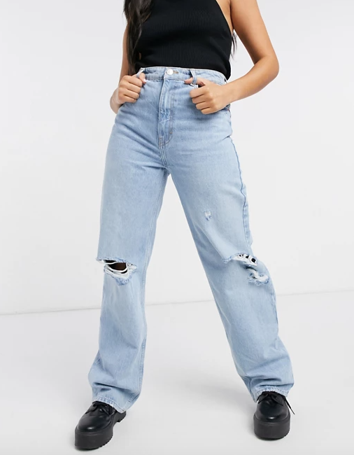 Pull&Bear Dad Jeans in Light Blue with Rips