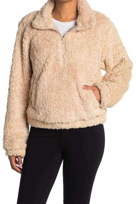 Sage Collective Jetsetter Half Zip Solid Faux Shearling Cropped Jacket