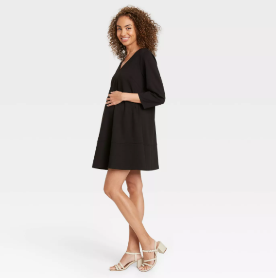 The Nines by HATCH 3/4 Sleeve Fit & Flare Ponte Maternity Dress Black