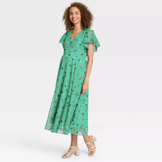 The Nines by HATCH Floral Print Flutter Short Sleeve Chiffon Maternity Dress Green