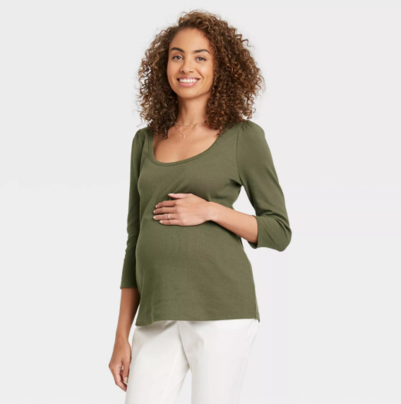 The Nines by HATCH Maternity Puff 3/4 Sleeve Scoop Neck Ribbed Jersey T-Shirt Olive