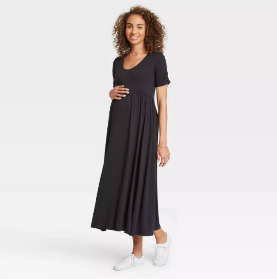 The Nines by HATCH Shirred Short Sleeve Jersey Maternity Dress Black