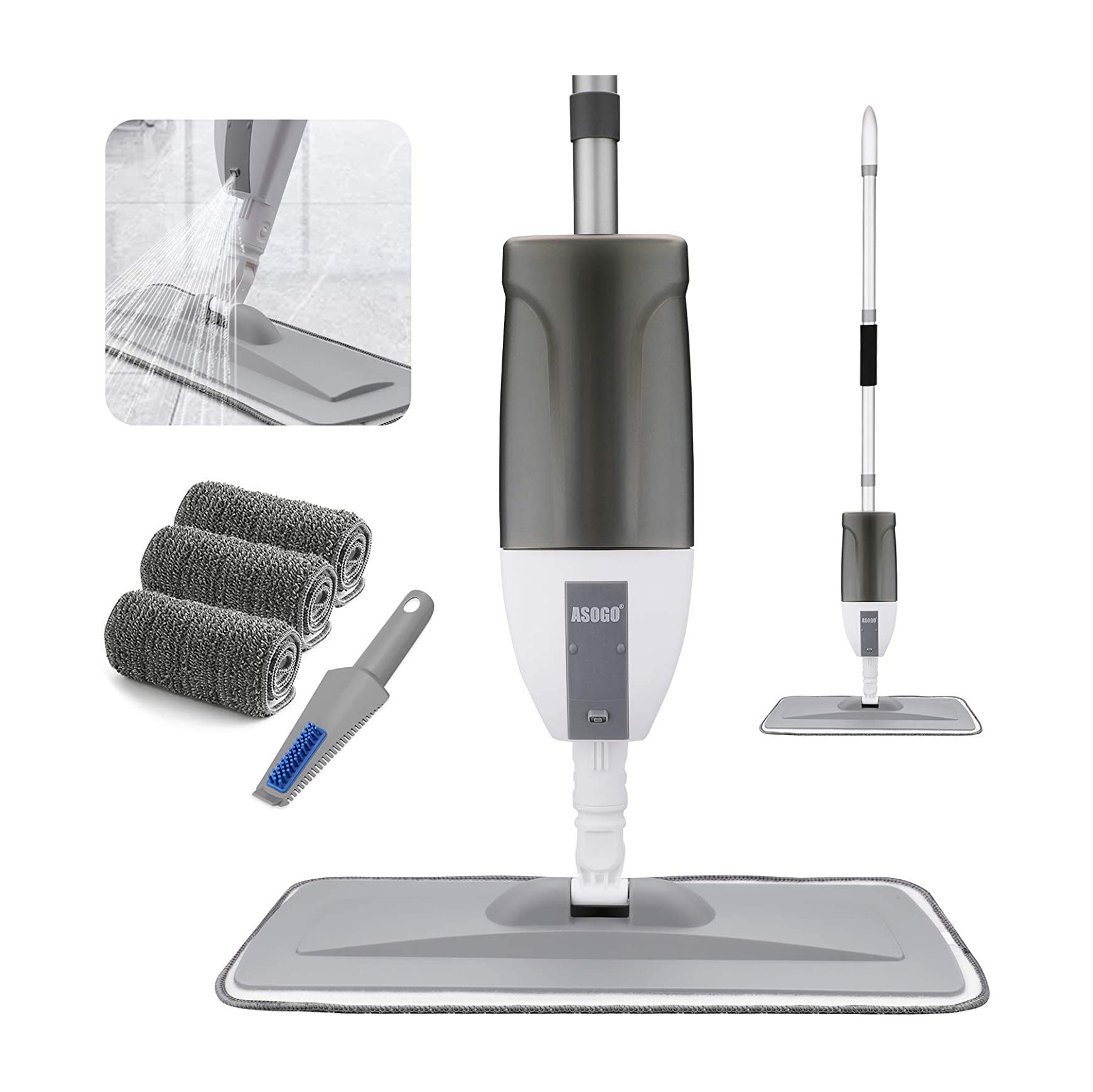 Asogo Floor Mop with a Refillable Spray Bottle and 2 Washable Pads