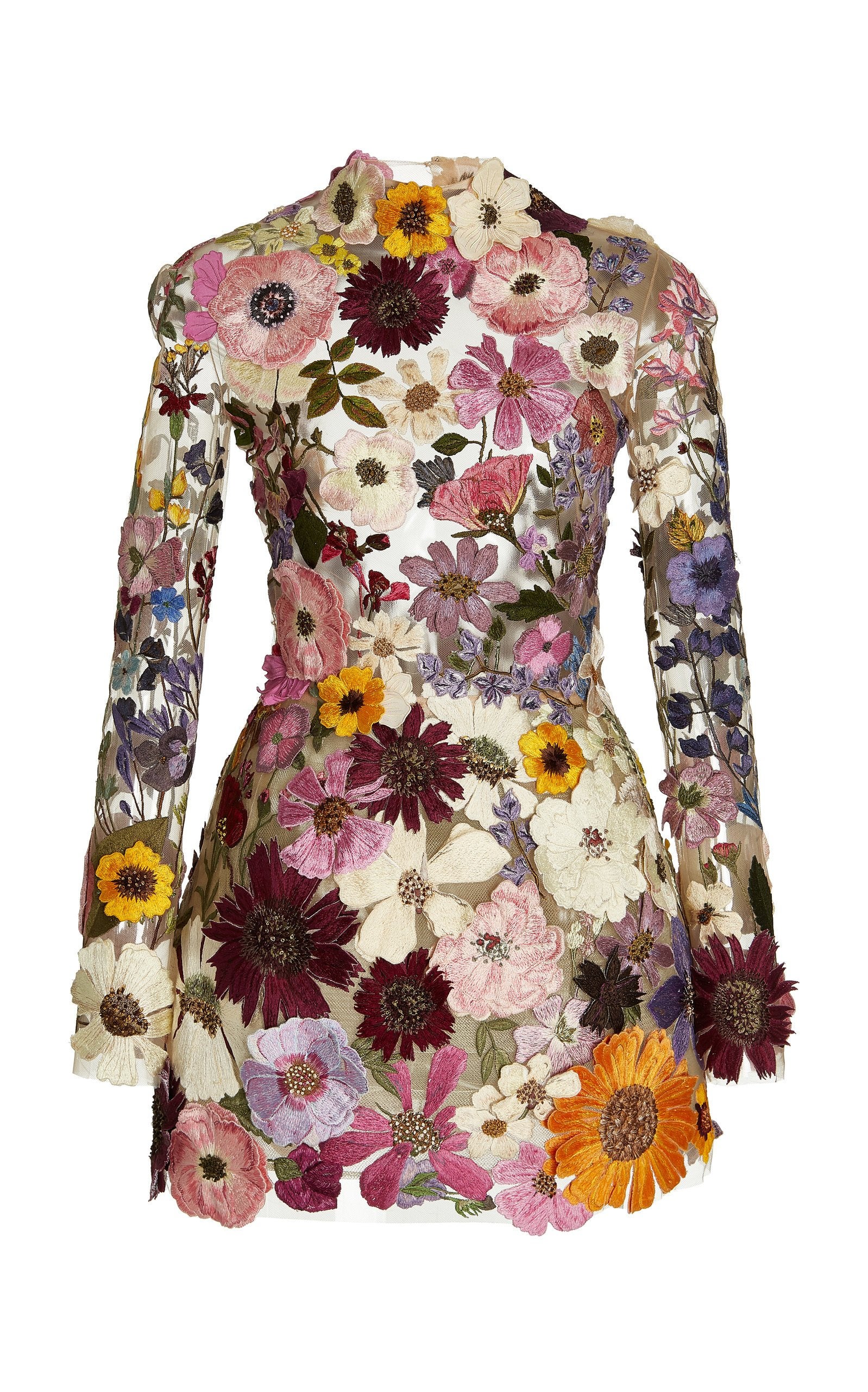 Oscar de la Renta Floral-Embroidered Tulle Mini Dress