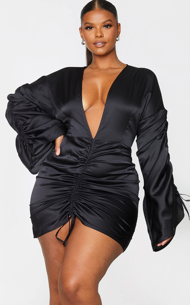 Black Satin Plunged Ruched Front Dress