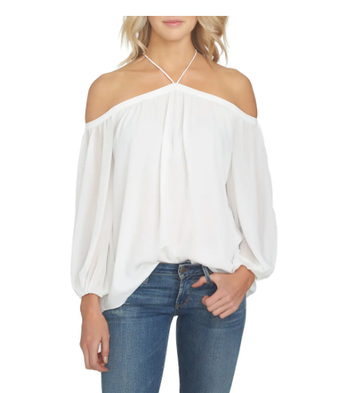 1.State Off the Shoulder Sheer Chiffon Blouse