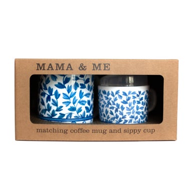 Helmsie Baby Mama and Me Blue and White Matching Mug and Sippy Cup Set