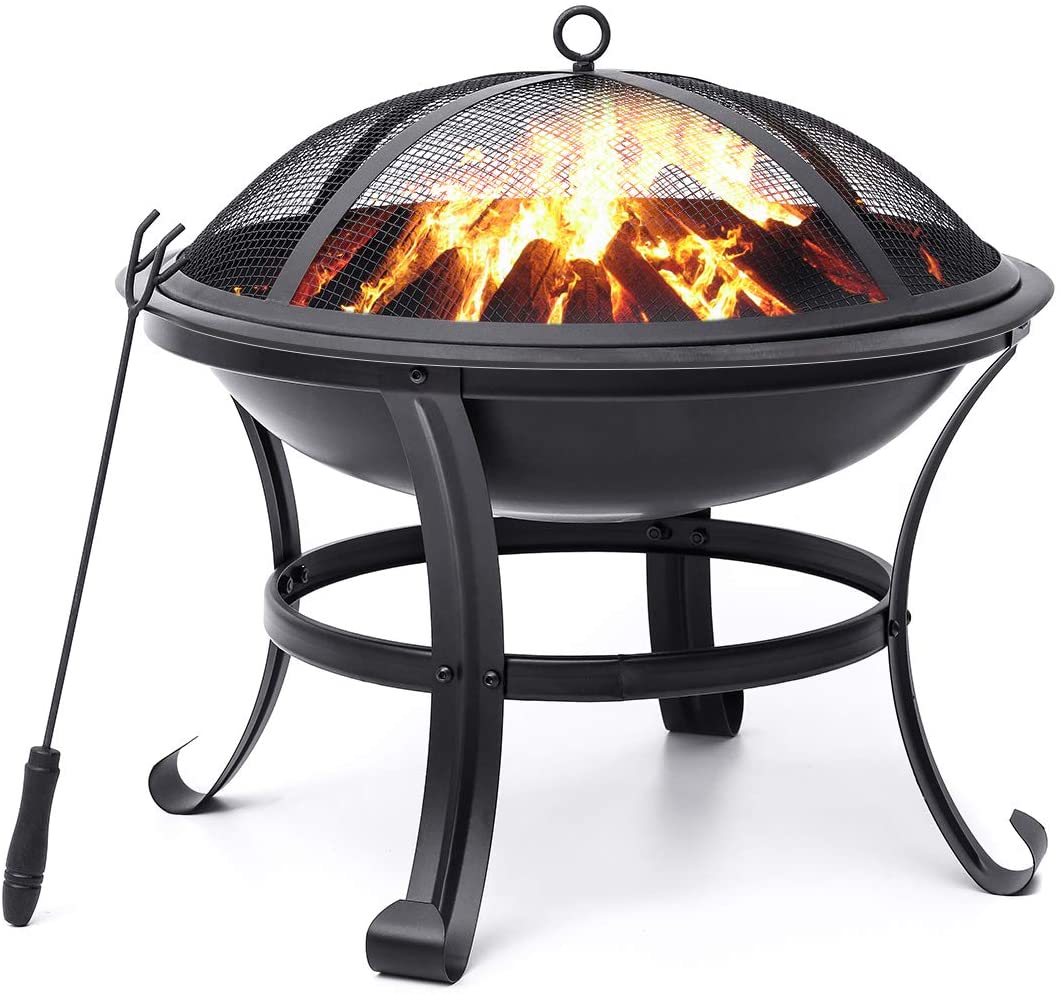 KINGSO Fire Pit, 22'' Fire Pits Outdoor Wood Burning Steel BBQ Grill Firepit Bowl