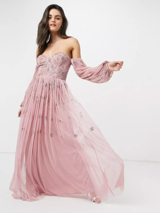 ASOS Maya Bardot Long Sleeve Tulle Maxi Dress 