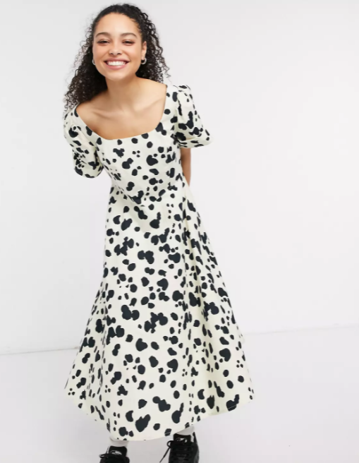 Collusion Pointed Waist Puff Sleeve Animal Print Midi Dress in Beige and Black