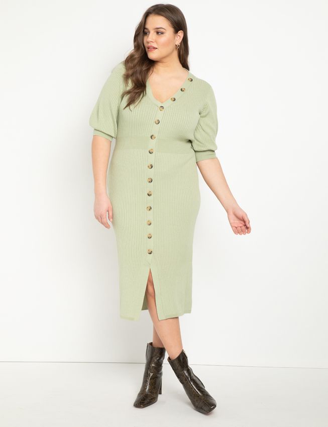 Eloquii Ribbed Dress with Button Detail