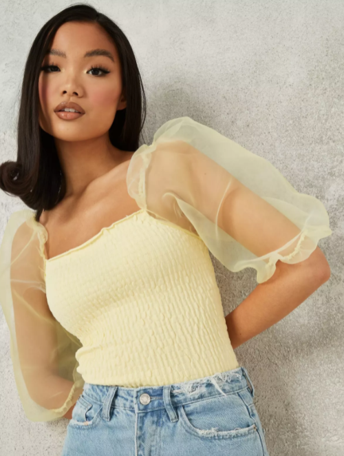 Missguided Yellow Organza Shirred Knit Top