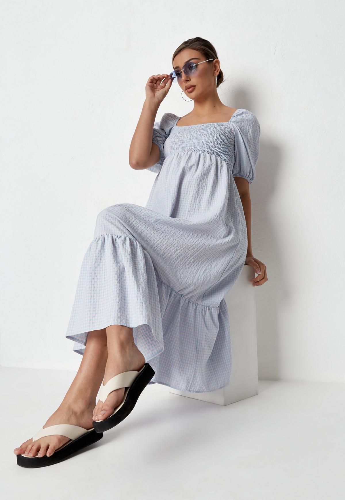 Missguided Blue Gingham Shirred Maternity Midaxi Dress