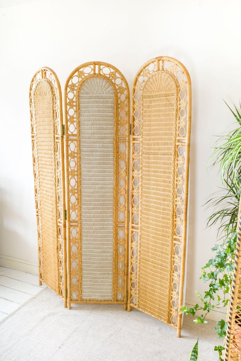 Vintage Wanders Mid Century Bamboo Rattan Room Divider Screen with Privacy Curtains