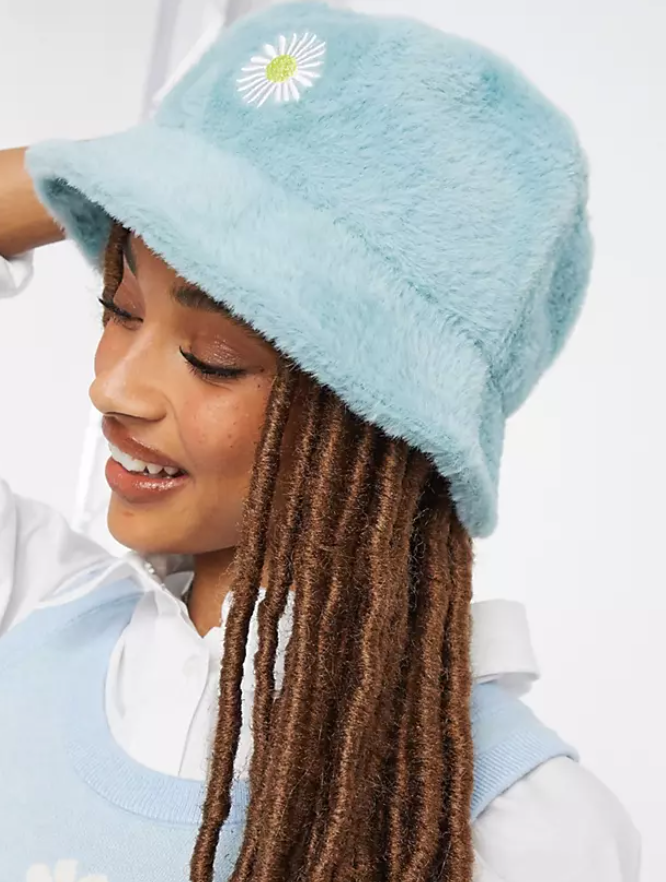 1 ASOS DESIGN fluffy bucket hat in green with daisy embroidery.png 