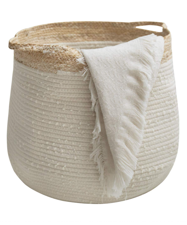 White and tan rope woven storage basket