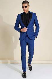 Boohoo Peak Contrast Lapel Skinny Jacket & Skinny Blue Suit Trouser