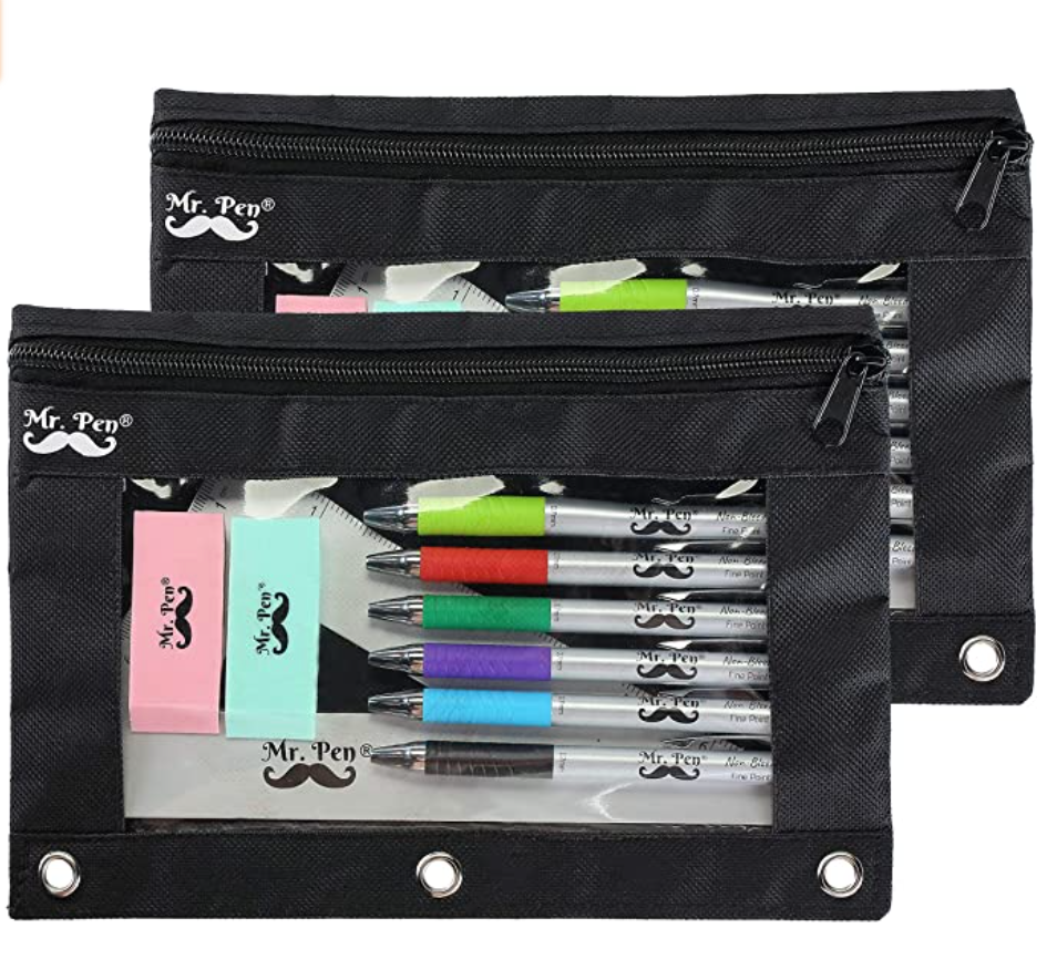 Mr. Pen Fabric Pencil Pouch with 3 Binder Holes, Black, Set of 2.png 
