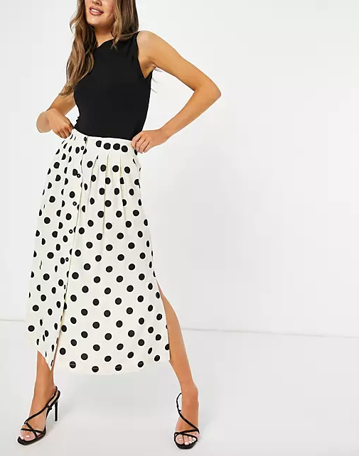 ASOS Button Through Midi Skirt in Cream & Black Dot Print
