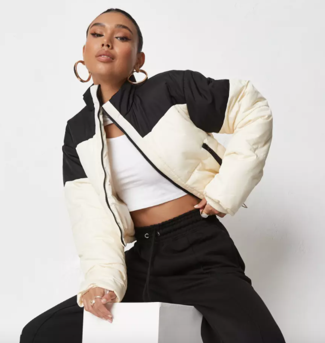 Missguided Cream Colorblock Cropped Puffer Coat