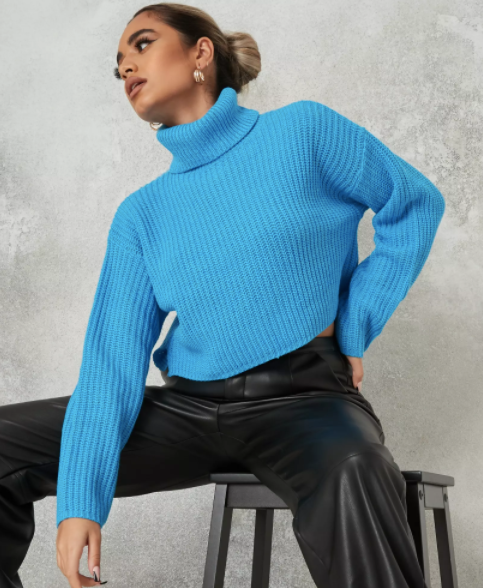 Missguided Petite Blue Roll Neck Cropped Sweater