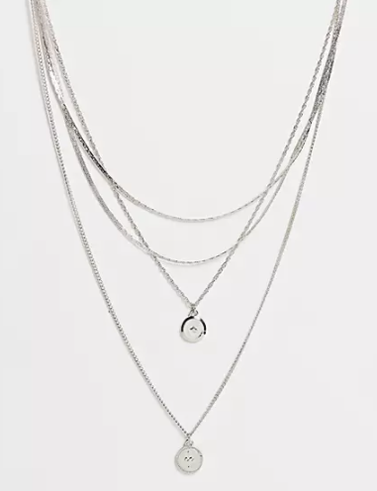 Pieces Multirow Layered Necklace with Pendants in Silver