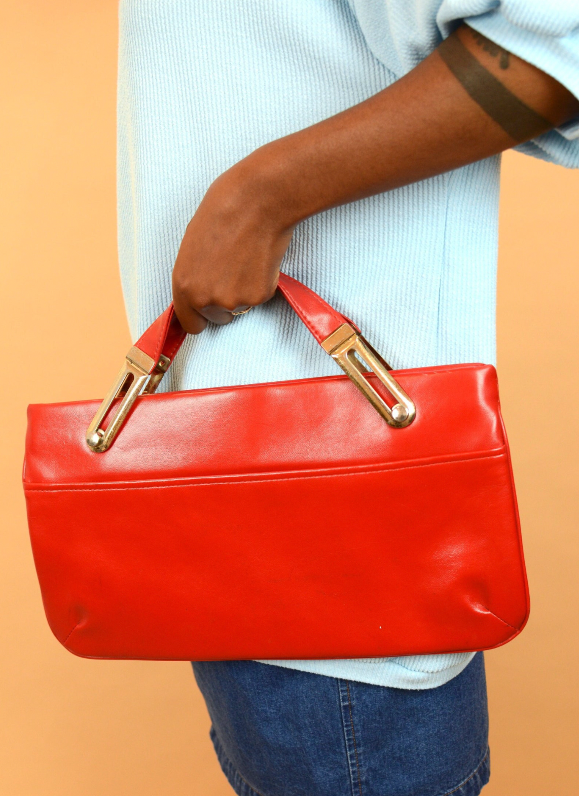 Vintage Red Oversized Faux Leather Jumbo Top Handle Bag 