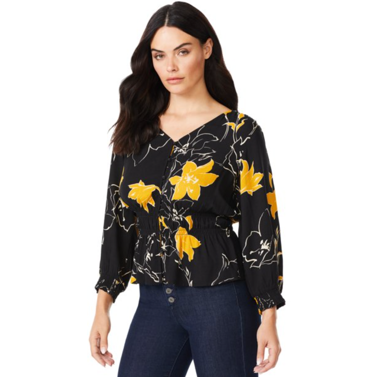 Sofia Jeans by Sofia Vergara Women's Print Top with 3/4 Puff Sleeves