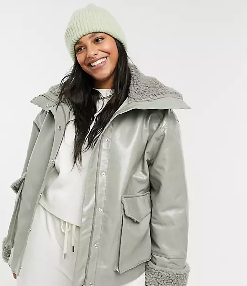 ASOS Design Curve Leather Look Jacket with Shearling Lining in Sage