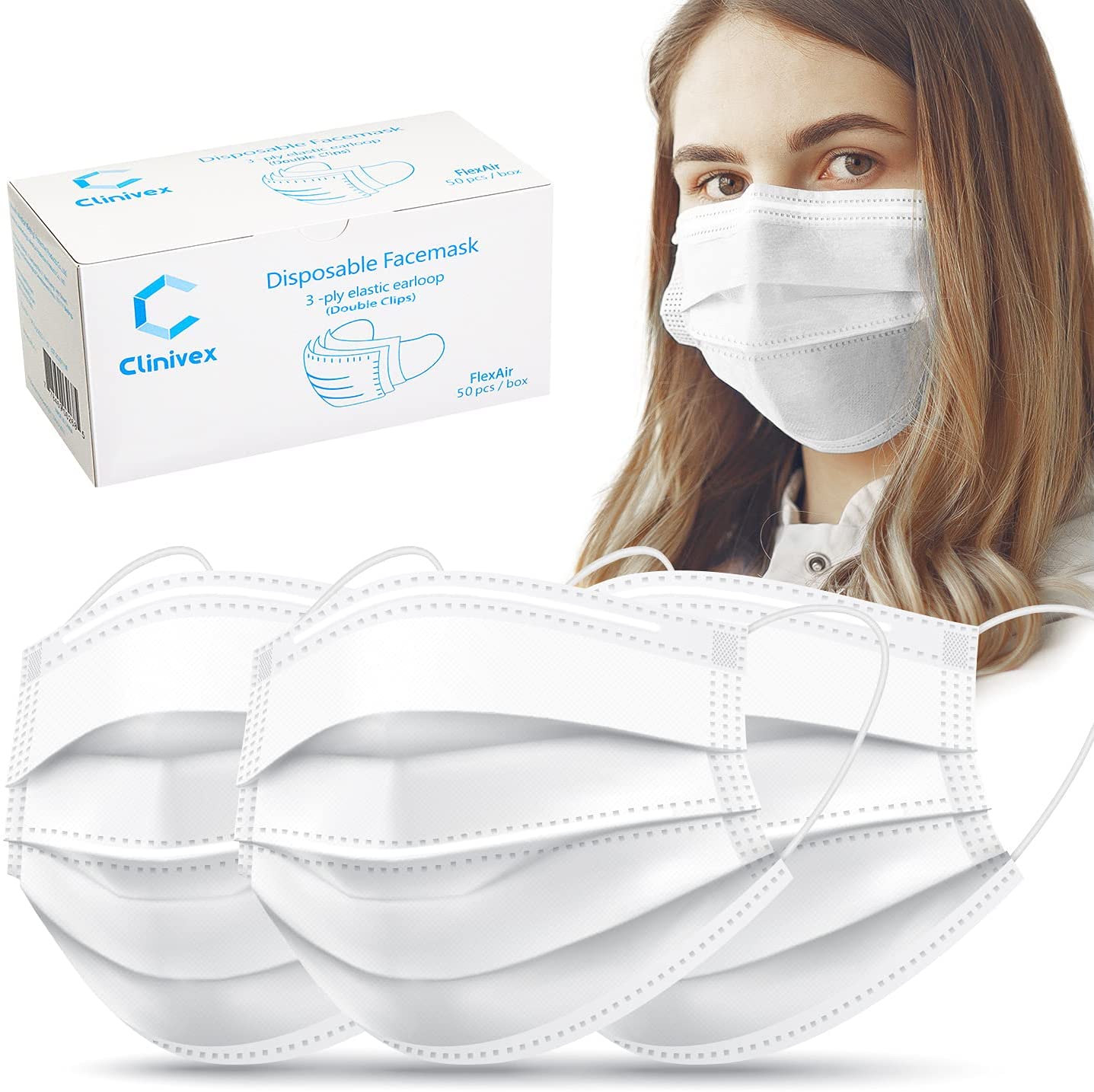 Clinivex Face Mask, 3-Ply Flex Air Disposable Face Mask with Double Nose Wire