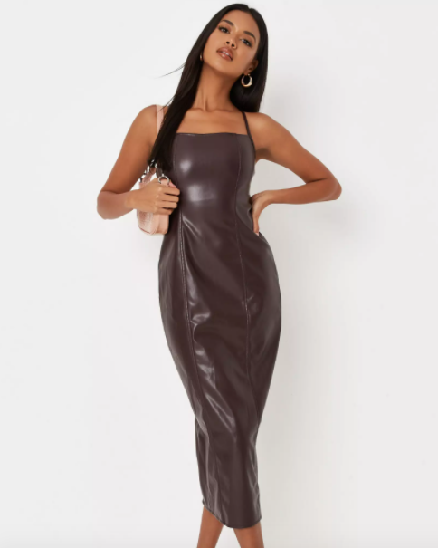 Missguided Chocolate Faux Leather Cross Back Midaxi Dress