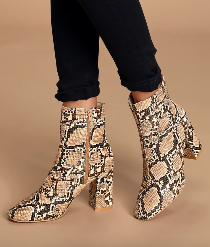 My Generation tan snake high-heel mid-calf boots