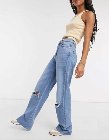 Stradivarius Straight Leg 90s Jeans with Rips in Blue