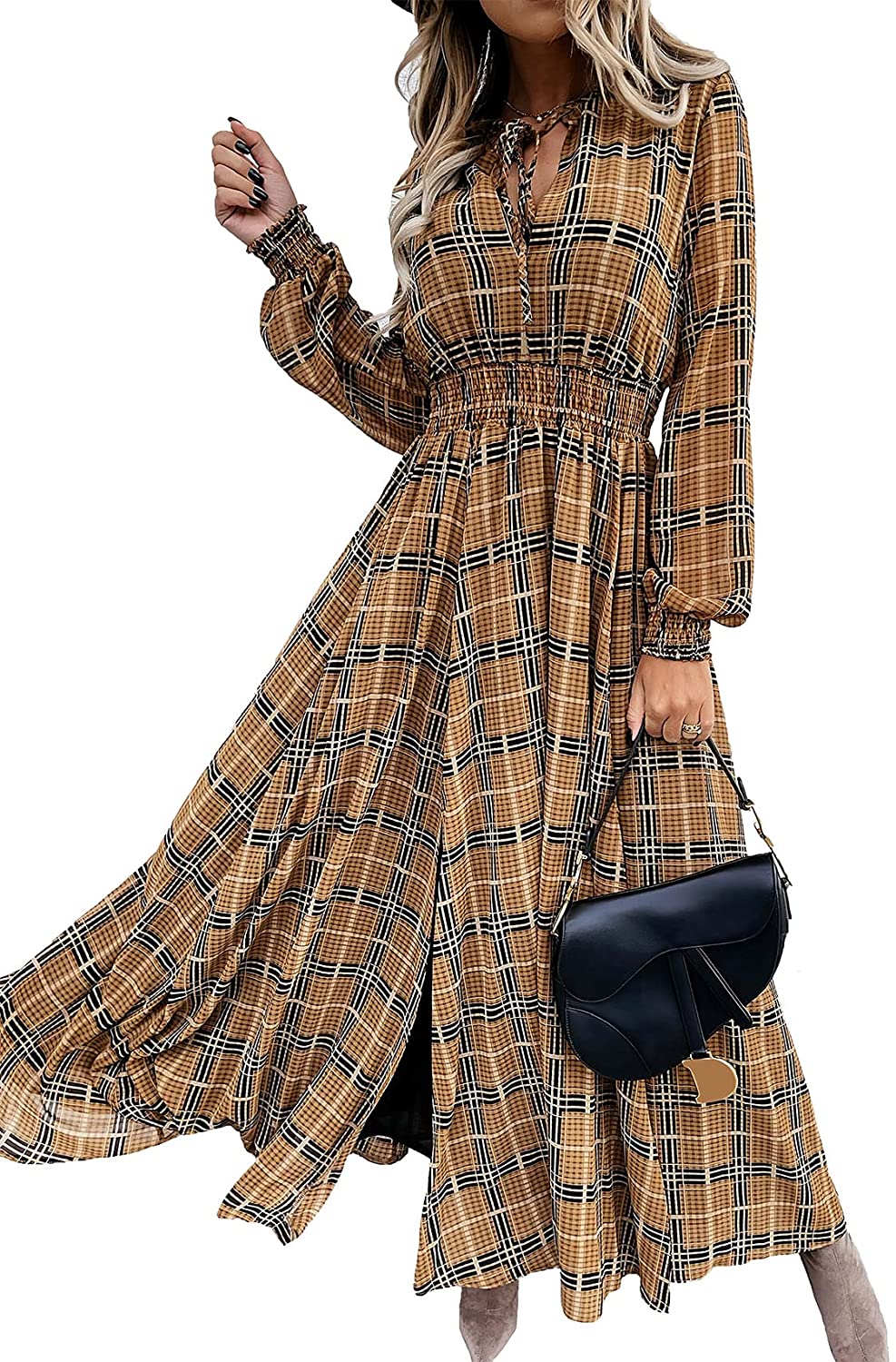 Vintage Plaid Long Sleeve Maxi Dress