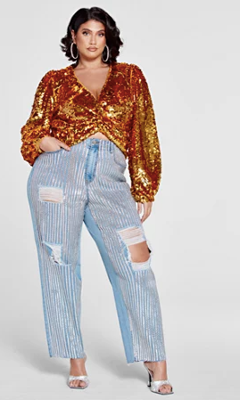 Periodt! Twist Front Sequin Top & The Turn Up High-Rise Sequin Front Denim Trousers