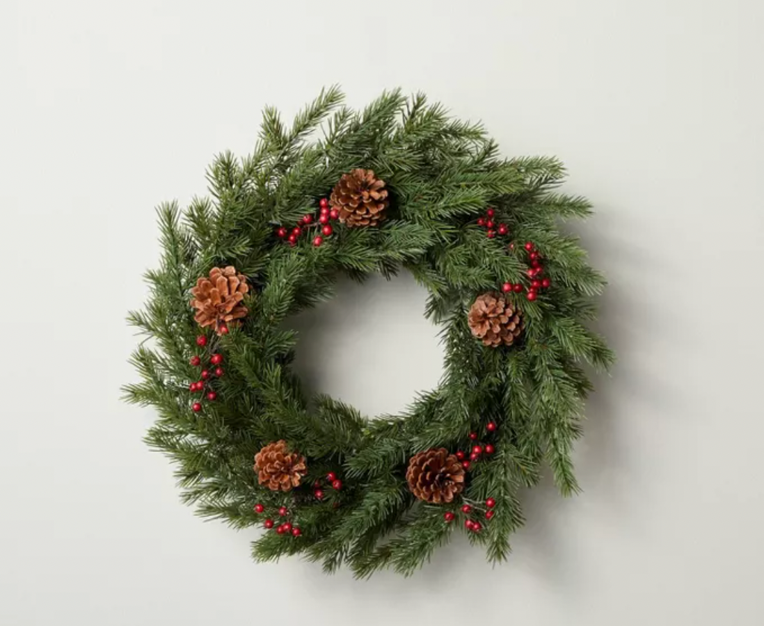 Faux Pine Wreath with Red Berries and Pinecones