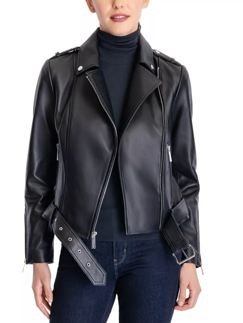 MICHAEL Michael Kors Belted Leather Moto Coat
