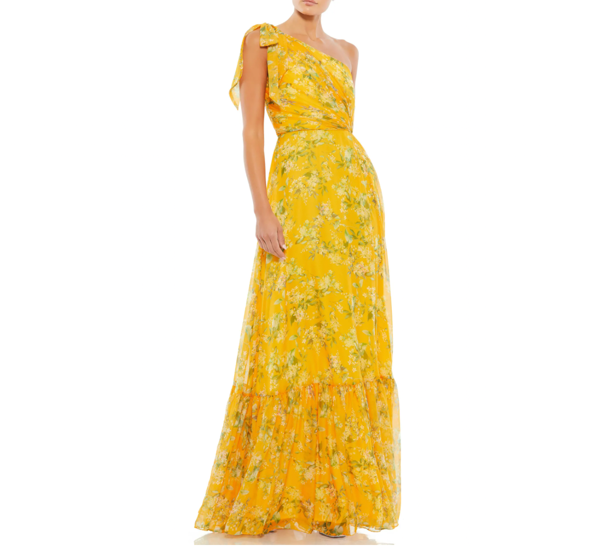 One-Shoulder Floral Print Chiffon A-Line Gown