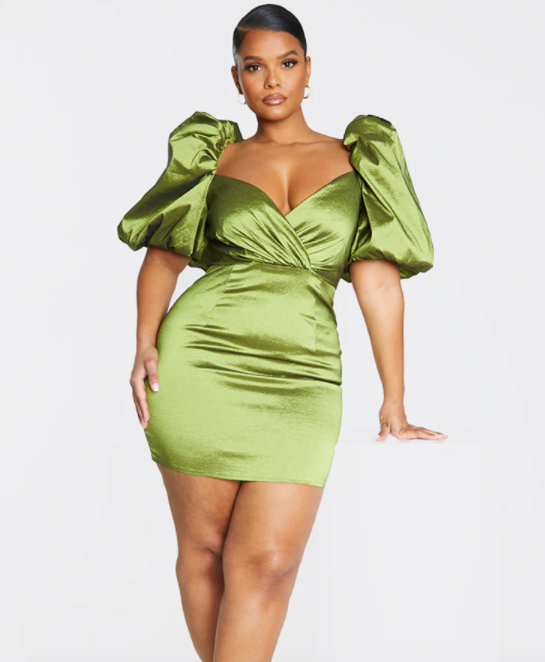 PrettyLittleThing Plus Olive Puff Sleeve Woven Bodycon Dress