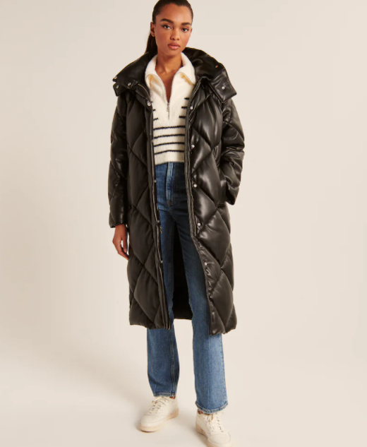 A&F Ultra Long Vegan Leather Quilted Puffer